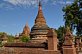 The cluster of red brick temples, named Khay-min-gha on the map on the North plain of Bagan. Myanmar. 